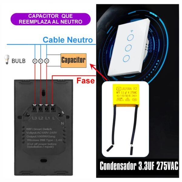 Capacitor Condensador 3.3 uF 275 VAC Reemplaza Cable Neutro Para Instalación Smart Switch o Similar