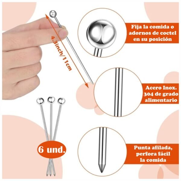 Juego 6 Palitos Pinchos para Coctel o Aperitivos Hechos de Acero Inoxidable