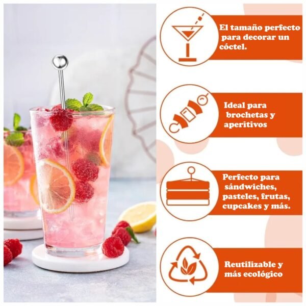 Juego 6 Palitos Pinchos para Coctel o Aperitivos Hechos de Acero Inoxidable