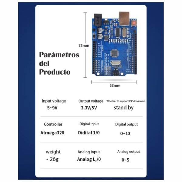 PLACA_ARDUINO_UNO_R3_ATMEGA328P_4 Placa de Desarrollo Arduino R3 Atmega128p con Cable USB y Cabezal de Pines