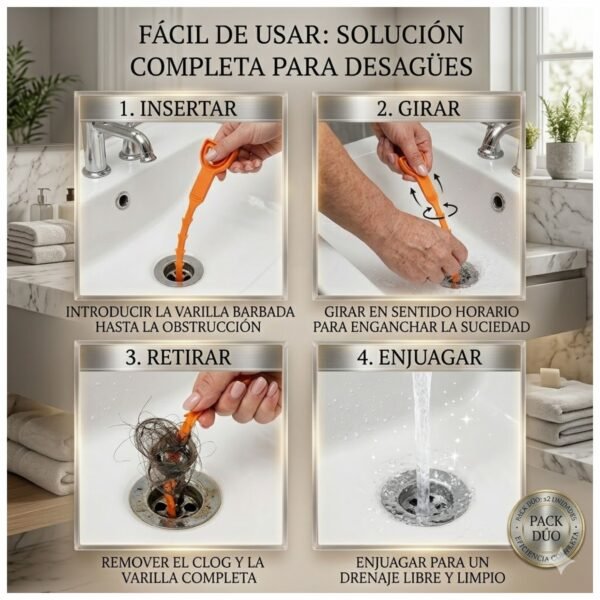 Pack 2 Desatorador Desatascador Drenaje Tuberías Desagüe Quita Pelos - Varilla 51 cm.