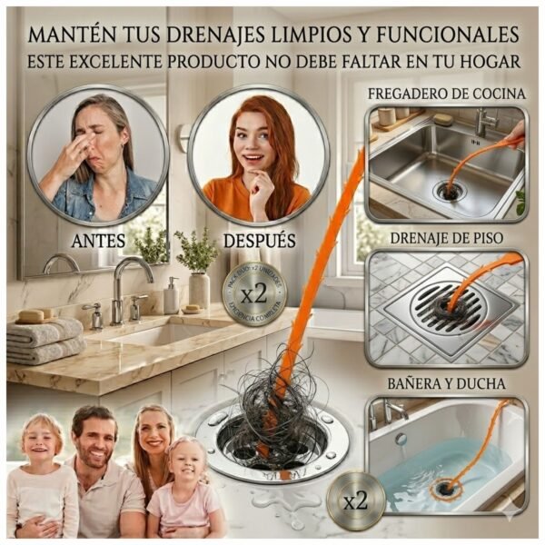 Pack 2 Desatorador Desatascador Drenaje Tuberías Desagüe Quita Pelos - Varilla 51 cm.