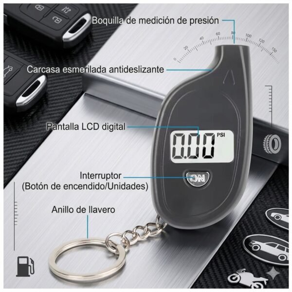 MEDIDOR_PRESION_LLANTAS_5 Medidor de Presión Digital Para Llantas 3-150 PSI Tipo Llavero
