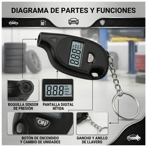 MEDIDOR_PRESION_LLANTAS_9 Medidor de Presión Digital Para Llantas 3-150 PSI Tipo Llavero
