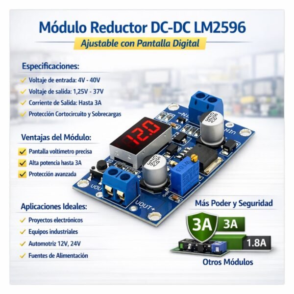 MODULO_LM2596S_VOLTIMETRO_REDUCTOR_VOLTAJE_2 Modulo Reductor Voltaje LM2596 con voltímetro 3.2V-35V a 1.25V-30V 3A Step-Down DC-DC