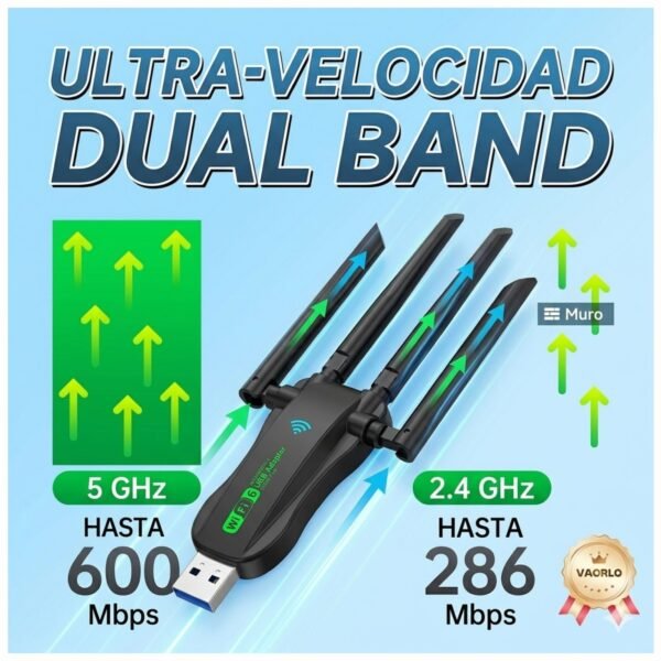 Adaptador USB Wifi6 Dual Band+ Bluetooth 5.4 con 4 Antenas Alta ganancia y velocidad - 2 en 1 - AX900