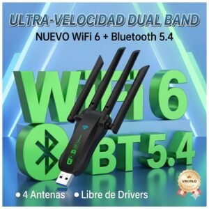 Adaptador USB Wifi6 Dual Band+ Bluetooth 5.4 con 4 Antenas Alta ganancia y velocidad - 2 en 1 - AX900