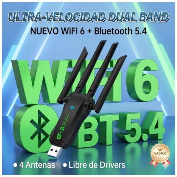 Adaptador USB Wifi6 Dual Band+ Bluetooth 5.4 con 4 Antenas Alta ganancia y velocidad - 2 en 1 - AX900