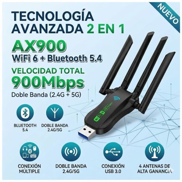 Adaptador USB Wifi6 Dual Band+ Bluetooth 5.4 con 4 Antenas Alta ganancia y velocidad - 2 en 1 - AX900